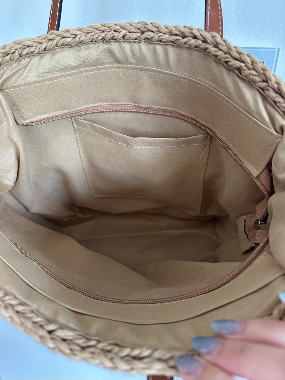 Woven Straw Tote Bag with Brown Straps - Picture 2 of 2